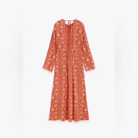 Zara Long Tangerine Orange Embroidered Print Maxi Dress - Picture 2 of 11